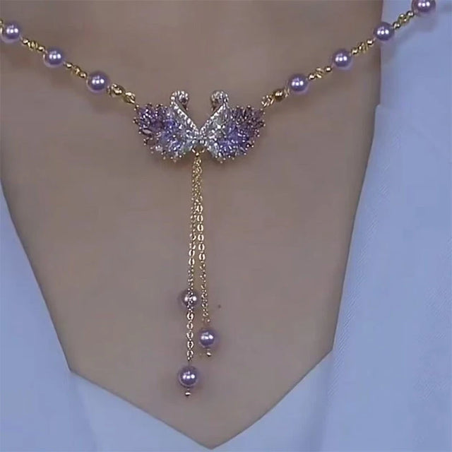 Colier cu pandantiv dublu lebădă violet