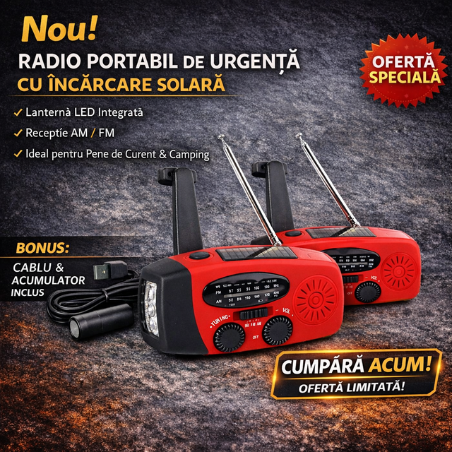 Radio Portabil pentru Camping – FM/AM, Lampă LED, Manivelă,