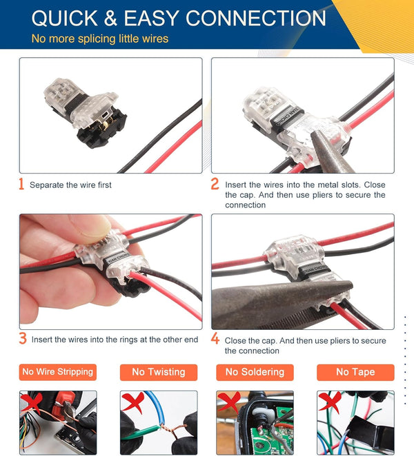 Set 10 Conectori Rapizi T-Tap pentru Fire – 2 Pini, Fără Lipire, 24-20 AWG
