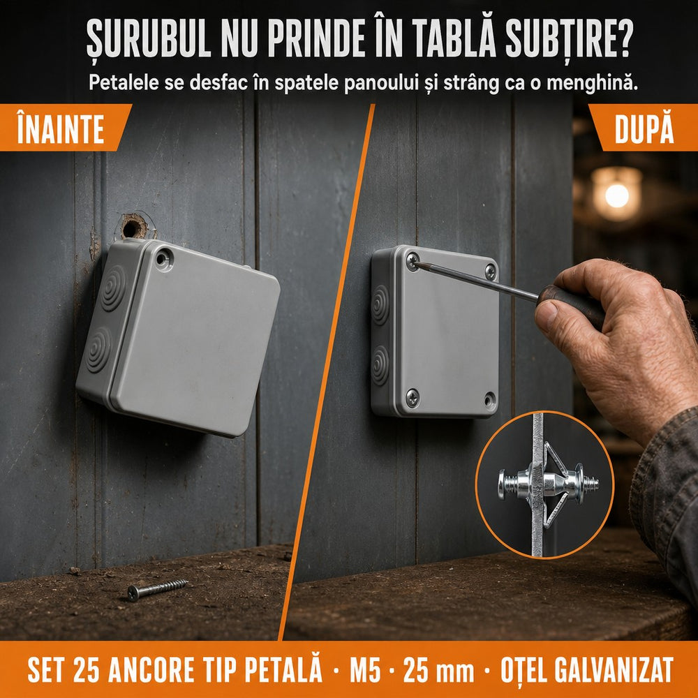 Set 25 buc. piulițe și șuruburi cu expansiune tip petală, dimensiuni