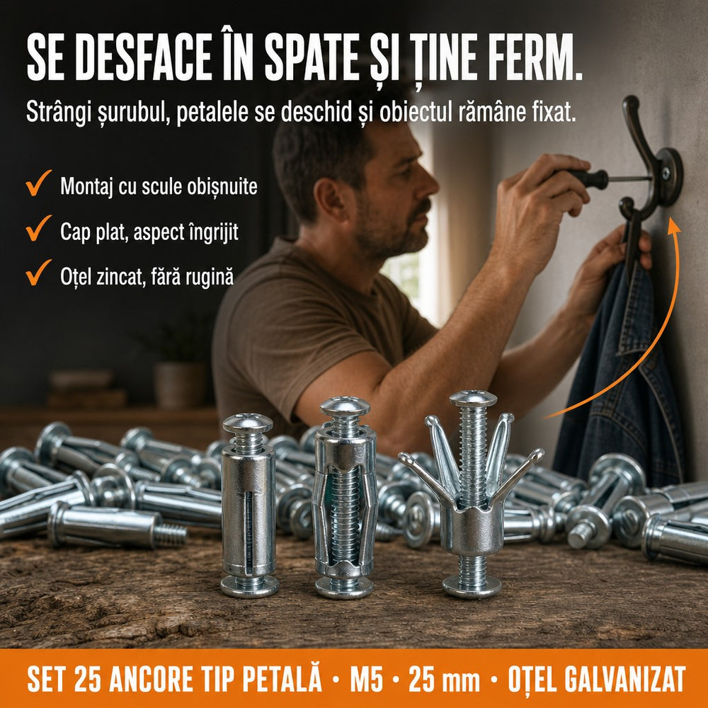 Set 25 buc. piulițe și șuruburi cu expansiune tip petală, dimensiuni